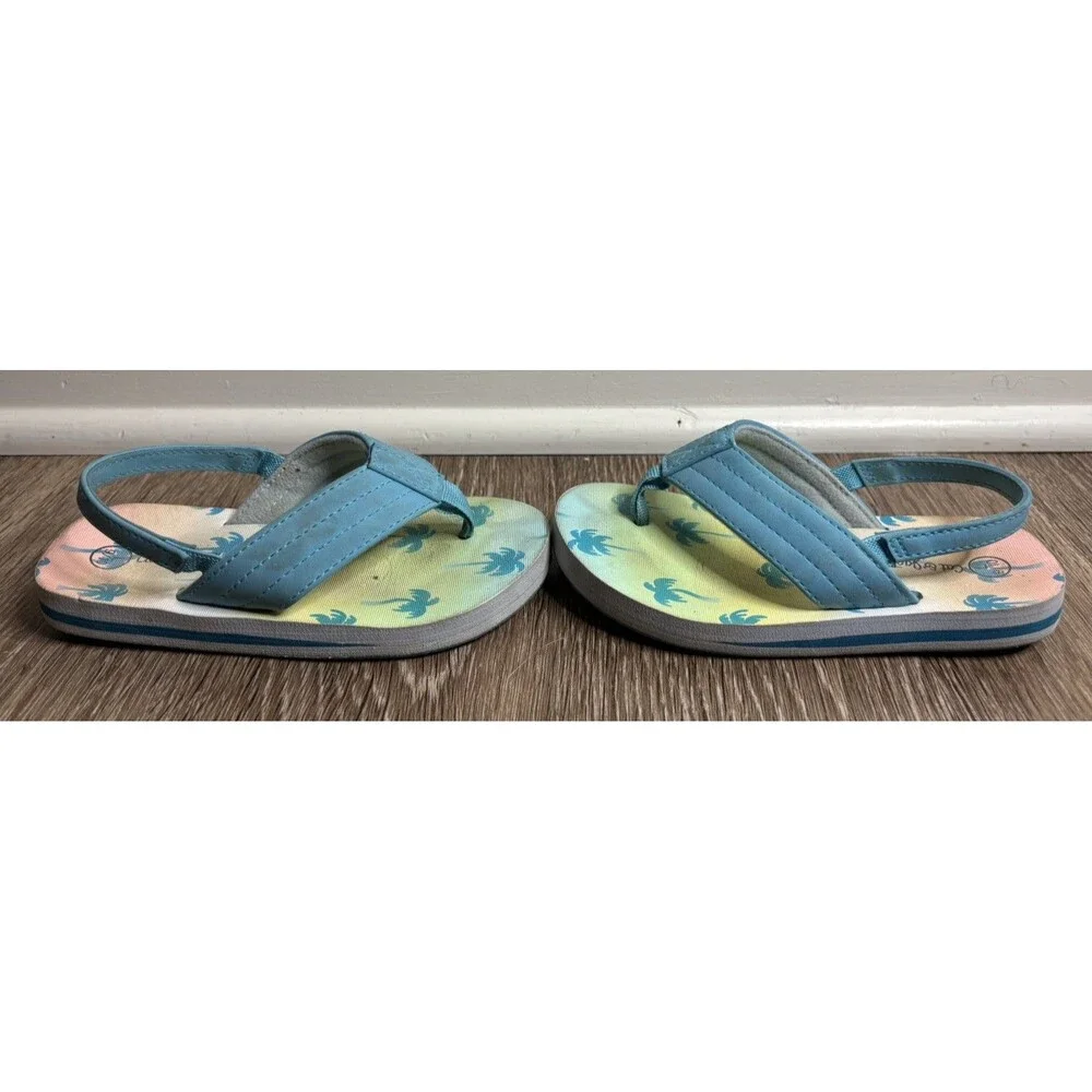 Cat & Jack Girls Flip Flop Sandals 9/10 Blue Palm Tree Print